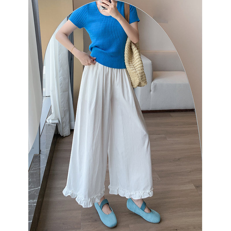 白色韩系木耳花边裙裤麻料阔腿裤女夏季高腰直筒休闲微喇叭裤子女 - 淘宝联盟商品