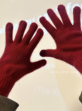 粉红色纯色针织毛线手套女2025年秋冬季加厚保暖防寒五指学生骑行