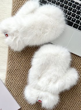 VDRM毛绒手套女冬季保暖可爱连指学生防寒骑行毛绒绒加绒加厚白色