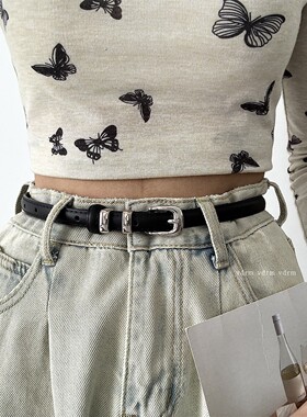 vdrm复古风真皮腰带女黑色金属扣装饰牛仔裤皮带百搭高级感