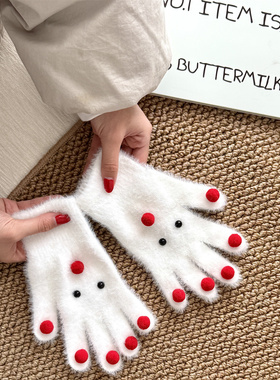 白色毛茸茸可爱圣诞雪人手套女冬季加厚保暖防寒毛绒学生骑车骑行