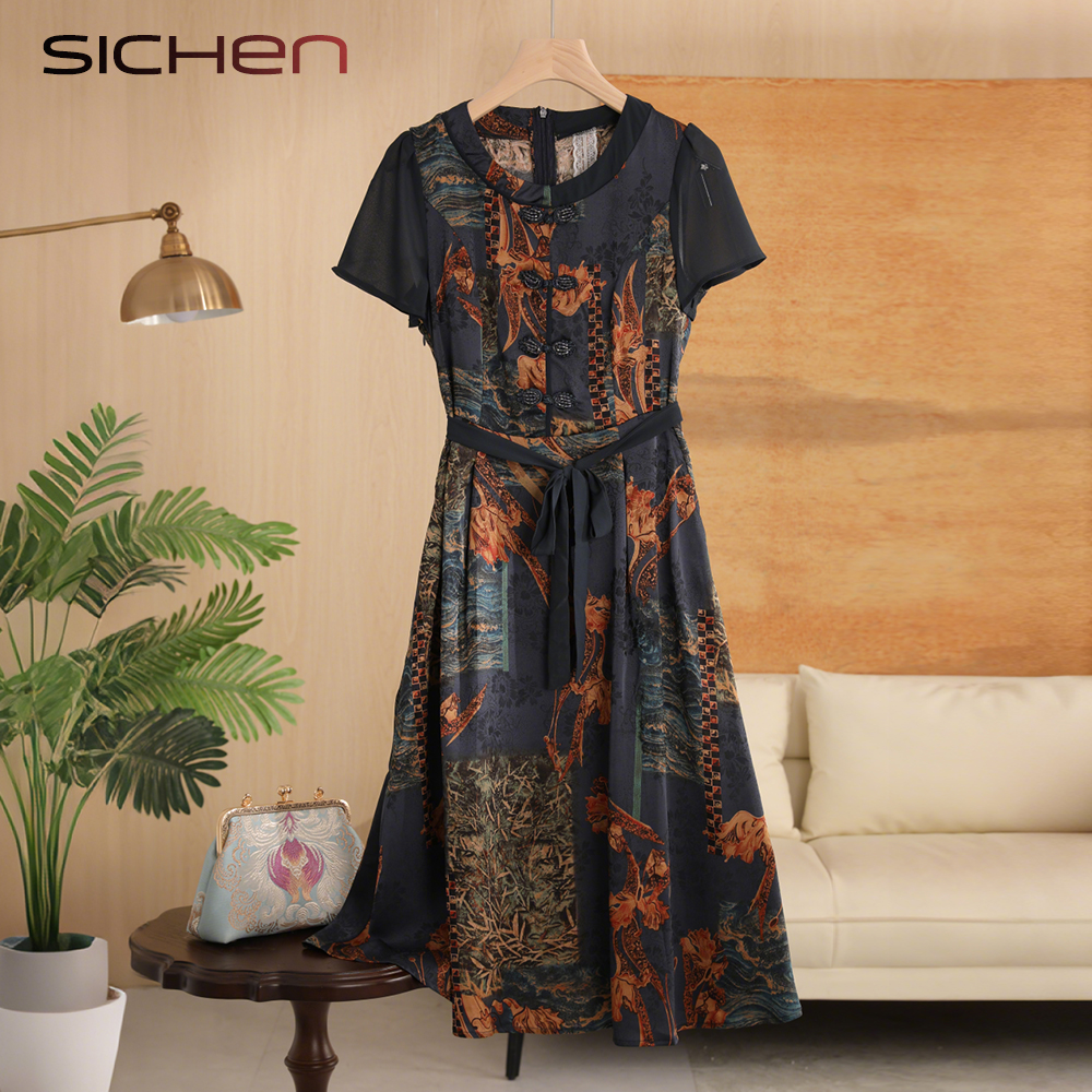 妈妈夏装新中式连衣裙收腰裙子