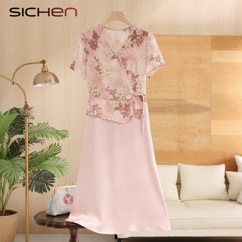 妈妈夏装新中式连衣裙洋气假两件