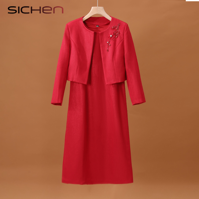 中年妈妈装婚宴礼服连衣裙两件套