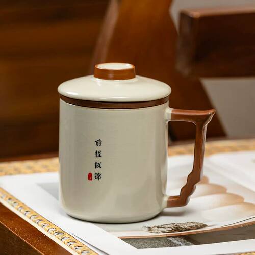 汝窑办公杯茶水分离大容量茶杯带盖陶瓷功夫茶具办公室泡茶杯YK
