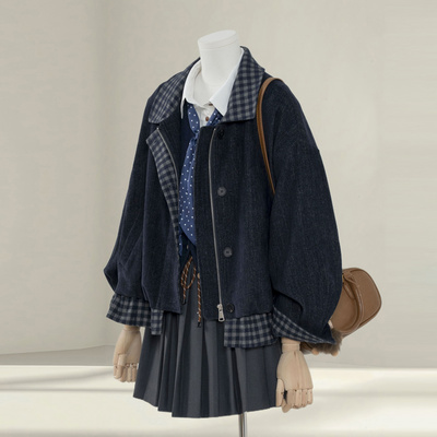 设计感复古格纹拼接假两件短款外套女春秋季时尚洋气百搭夹克上衣