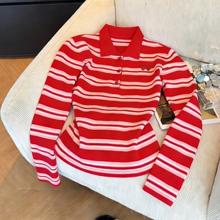 别致好看红白条纹撞色翻领长袖T恤春秋韩版时尚宽松休闲打底上衣