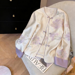 新中式温柔紫色提花薄款短外套女春秋季国风气质宽松百搭缎面上衣