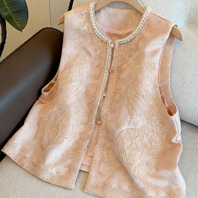 新中式复古重工刺绣圆领马甲外套女春秋设计感粉色减龄无袖上衣潮