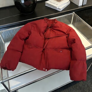 设计感复古红色短款棉服外套女秋冬小个子洋气减龄蝴蝶结圆领棉衣
