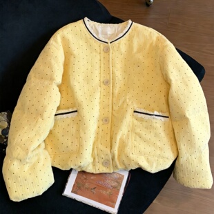 韩系甜美减龄夹棉加厚棉服外套女秋冬法式温柔风满印波点保暖棉衣