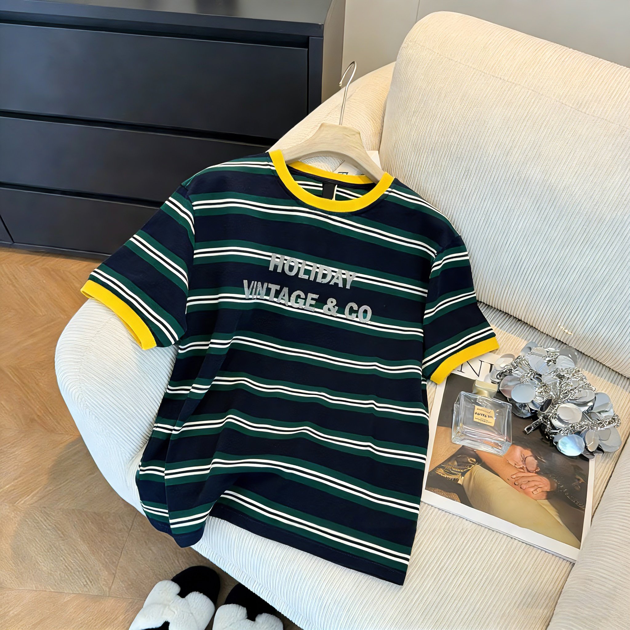 港味复古别致撞色条纹短袖T恤女夏季时尚潮流休闲百搭正肩上衣ins,女装/女士精品,T恤,淘宝优惠券,粉丝福利购,淘宝优惠卷