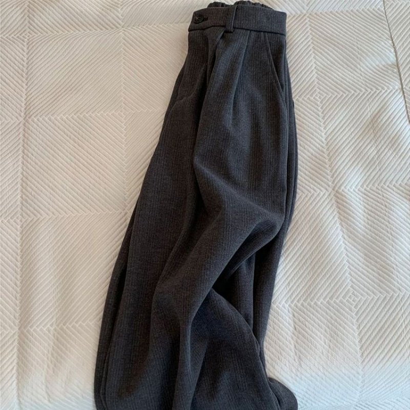 简约气质复古灰色高腰条纹卷边休闲裤女春秋欧货时髦宽松显瘦长裤,女装/女士精品,休闲裤,淘宝优惠券,粉丝福利购,淘宝优惠卷