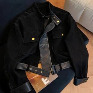复古黑色PU皮拼接绒面立领外套女春秋季美式甜酷气质短款夹克上衣