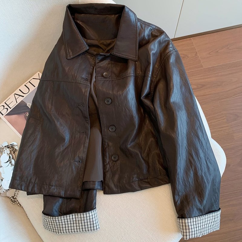 小众设计感格子袖口拼接翻领皮衣外套女春秋时尚气质宽松显瘦上衣,女装/女士精品,短外套,淘宝优惠券,粉丝福利购,淘宝优惠卷