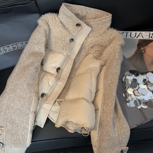 重工羊羔毛拼接针织袖棉服外套女秋冬韩版复古气质立领保暖上衣潮