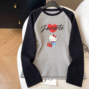 设计感复古别致撞色插件长袖T恤女春秋潮牌复古减龄猫咪印花上衣
