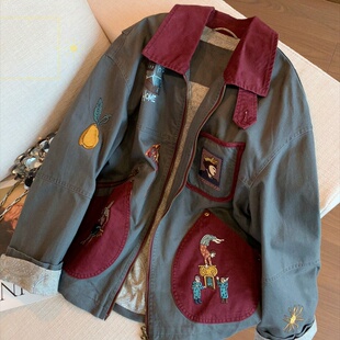 设计感重工创意趣味刺绣翻领外套女春秋时尚高端休闲百搭显瘦上衣