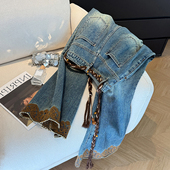 潮牌复古蓝色刺绣高腰喇叭牛仔裤 女春秋独特时髦漂亮显瘦直筒裤 子