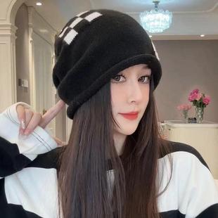 秋冬季 针织抽绳堆堆帽子女百搭休闲显脸小卷边保暖护耳舒适月子帽