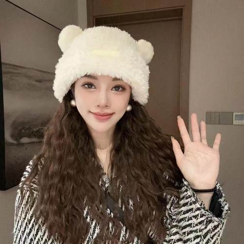 小熊毛线帽子女冬季加厚毛绒保暖毛毛包头帽秋冬大头围针织帽成人