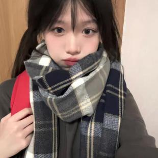 加厚学生可爱网红港风学院风围脖 百搭长版 韩版 日系格子围巾女冬季