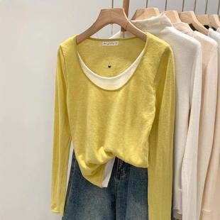 胖mm内搭宽松慵懒松弛感上衣 女装 撞色假两件拼接打底衫 女春秋大码