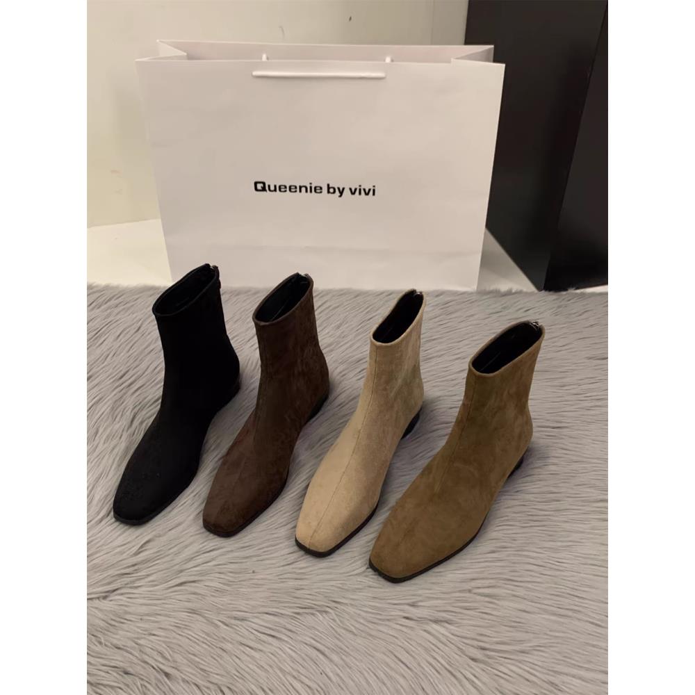 粗跟绒面韩系小踝靴女鞋2025新款秋冬季加绒马丁靴咖色瘦瘦短靴子