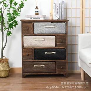 简易实木床头柜简约卧室床边柜复古收纳储物柜斗柜田园藤编置物柜