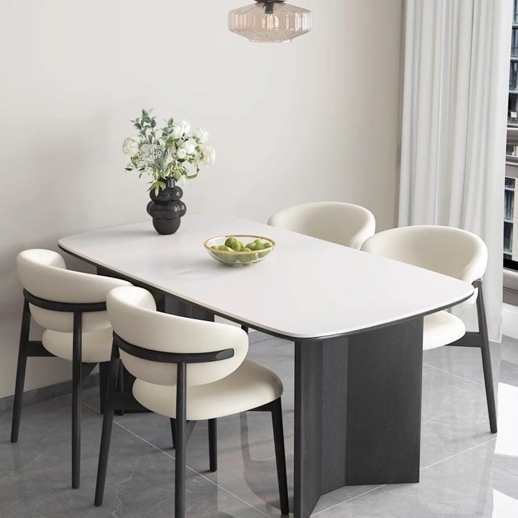法式复古风黑色白蜡木实木餐桌椅意式极简家用长方形白色岩板饭桌