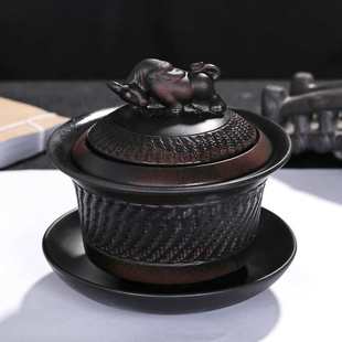 紫陶羊脂玉瓷悬停盖碗国潮三才敬茶碗泡茶碗功夫茶具大号防烫家用