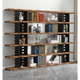 满墙实木铁艺整墙书柜办公室落地隔断架收纳多层艺术书架创意 美式