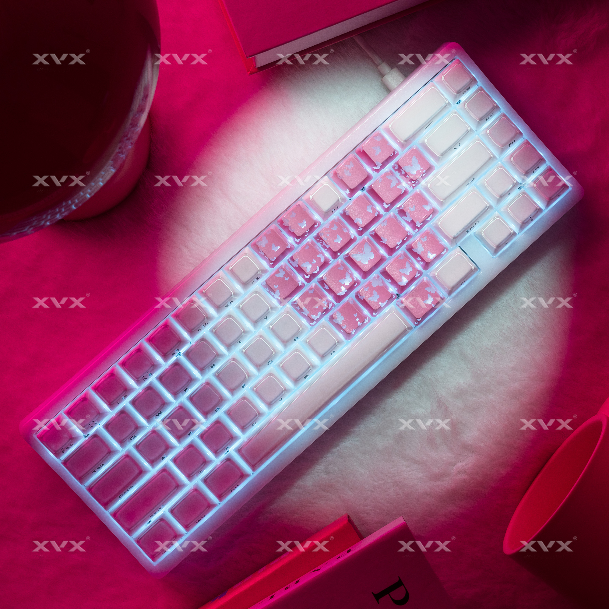 XVX粉色蝴蝶爱心键帽增补图案透光IMD键帽磁轴机械键盘帽无刻通用