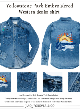 非RRL 美式复古黄石公园刺绣水洗做旧重磅修身西部牛仔衬衫秋冬男