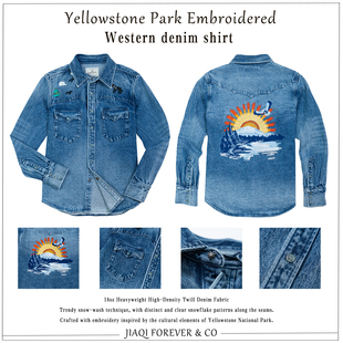 西部牛仔衬衫 复古黄石公园刺绣水洗做旧重磅修身 春秋男 美式 非RRL
