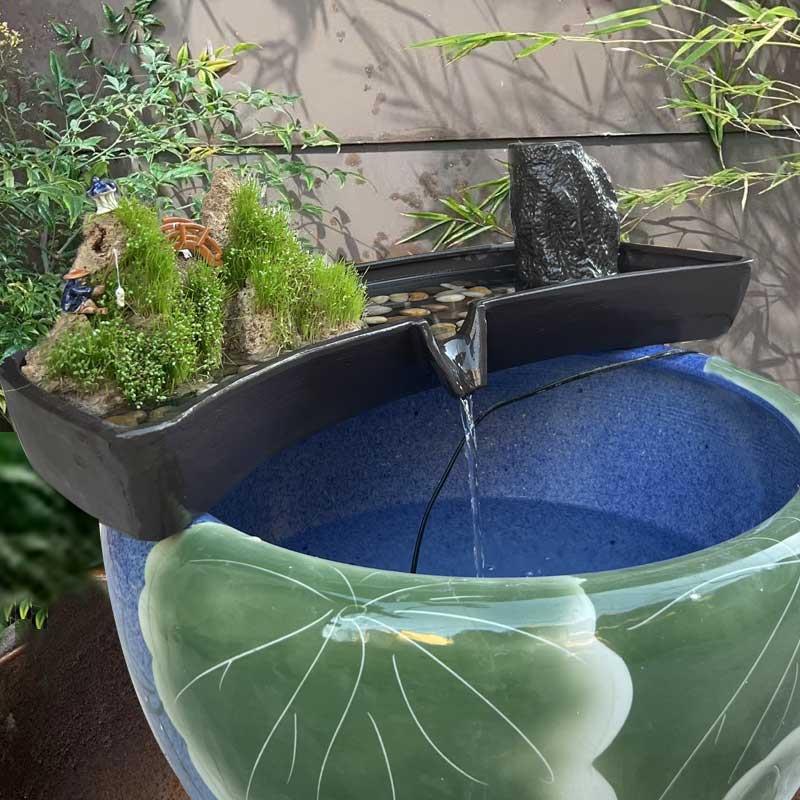 陶瓷流水鱼缸摆件双层养鱼盆 手工青花陶瓷水缸造景可订制增氧设