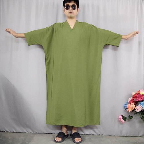 新款家居服男士九分袖纯色棉绸大尺码V领浴袍长版口袋连身睡衣裙