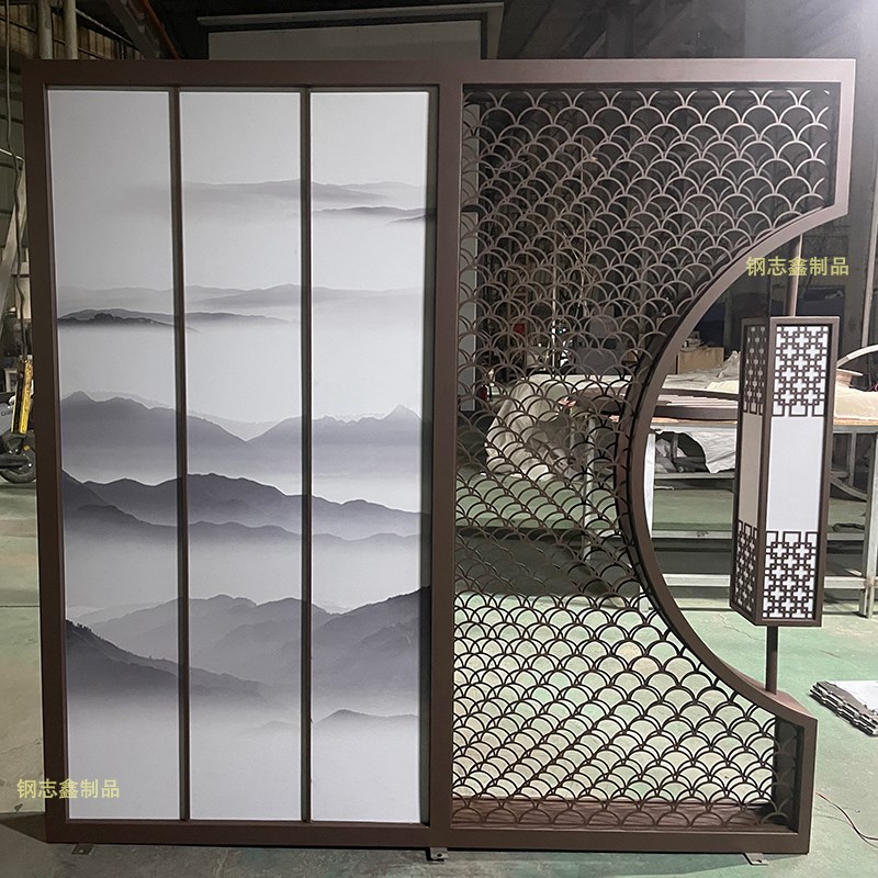 新中式不锈钢屏风隔断仿古庭院别墅影壁墙玄关景观月亮门造型定制