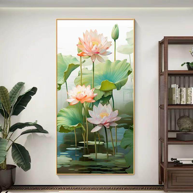 新中式荷花图玄关挂画和气生财莲花正对门壁画竖版2025新款装饰画