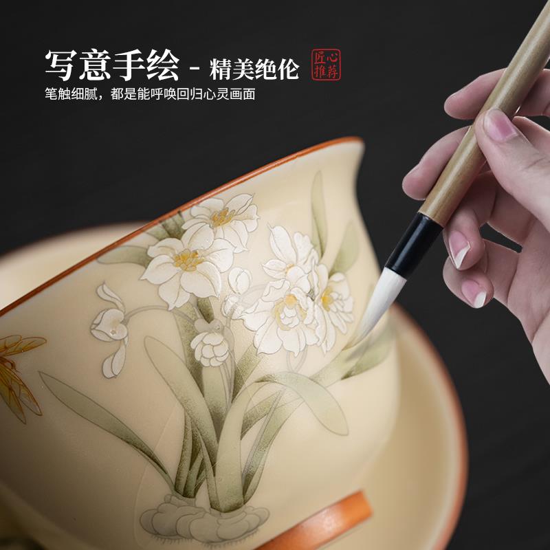 手绘水仙花汝窑三才盖碗茶杯套装功夫茶具单个高档不烫手泡茶碗