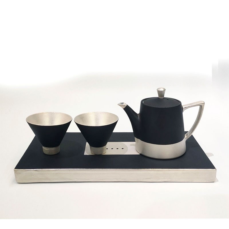 新中式诧寂风陶瓷刷银茶具套装盖碗茶杯茶壶样板间摆件装饰品