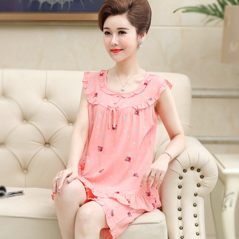 睡衣女夏薄款绵绸背心无袖中年妈妈睡衣棉绸宽松中老年家居服套装