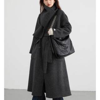 手缝手工长毛双面羊绒大衣女中长款围巾领宽系带双面羊毛大衣