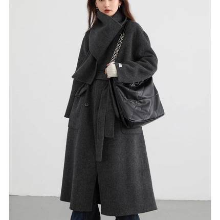 手缝手工长毛双面羊绒大衣女中长款围巾领宽系带双面羊毛大衣
