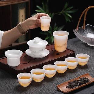 虾趣素烧哑光白瓷功夫茶具商用家用轻奢礼品 冰种玉瓷茶具套装