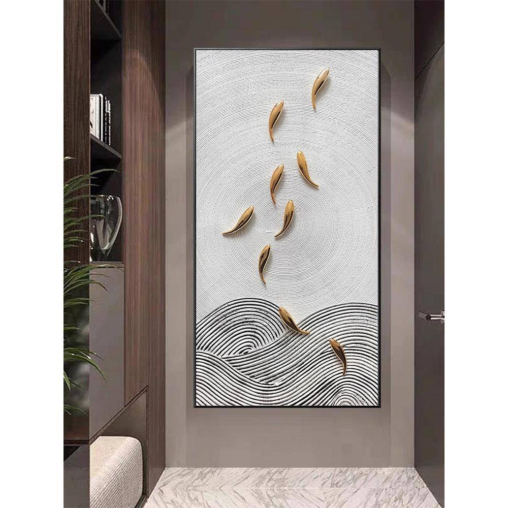 入户玄关新中式鱼图轻奢装饰画样板间立体手绘挂画实物竖版壁画图片