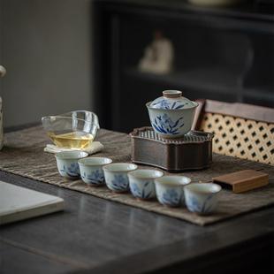 功夫茶具整套家用盖碗茶具 仿古胎手绘釉下彩青花茶具套装