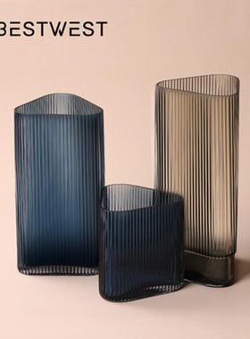 博西家居 北欧三角形蓝色直筒玻璃花瓶摆件竖纹水培花器家居软装