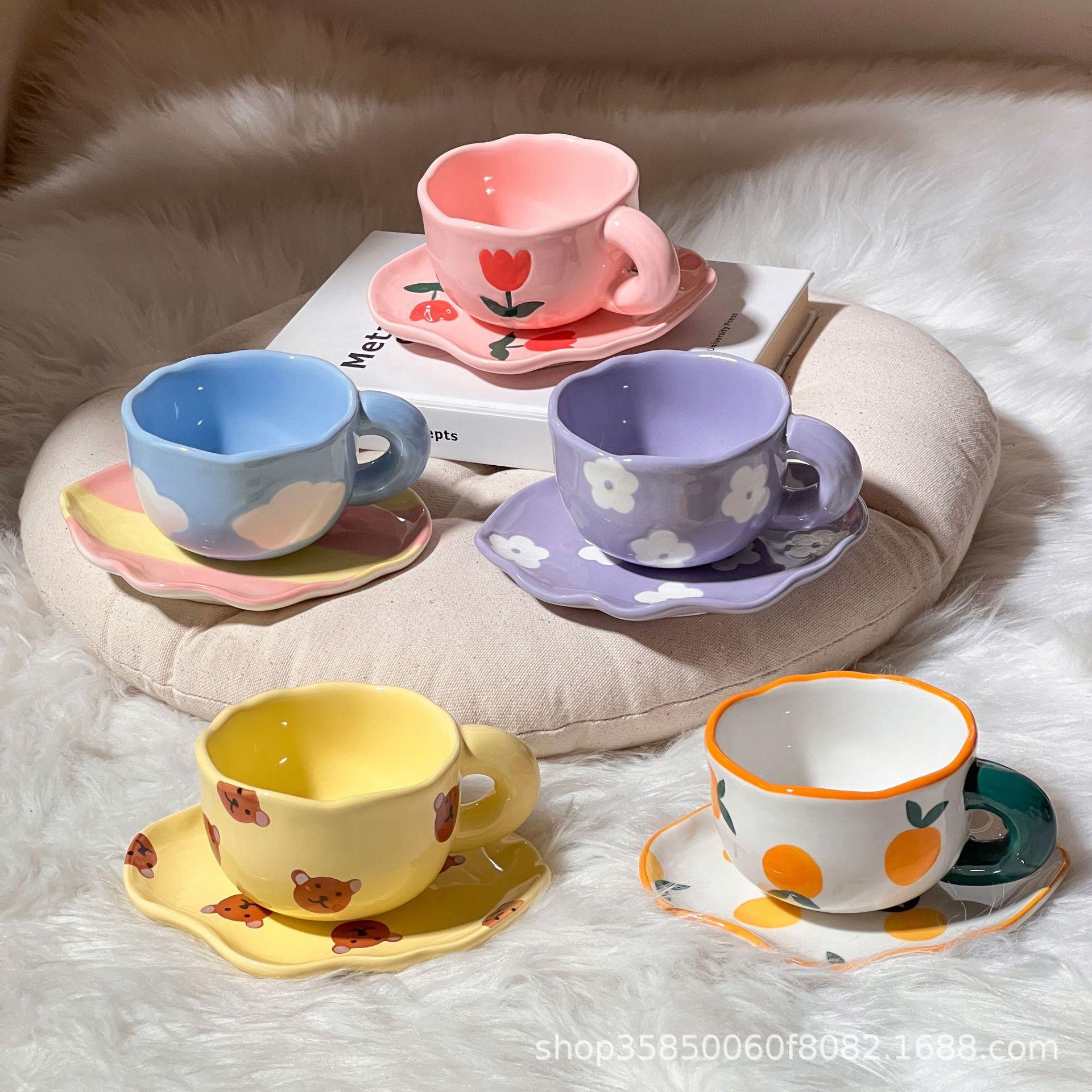 创意陶瓷手捏咖啡杯套装 韩国ins风下午茶杯花茶杯子带把手绘杯碟