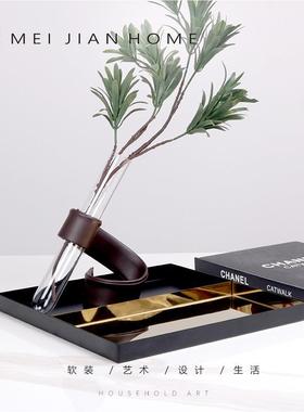简约现代创意玻璃皮套花插摆件样板间售楼处客厅餐厅托盘装饰品